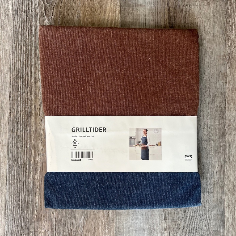 IKEA GRILLTIDER Denim Kitchen Apron Blue Brown Cotton 1X Chef Apron Modern